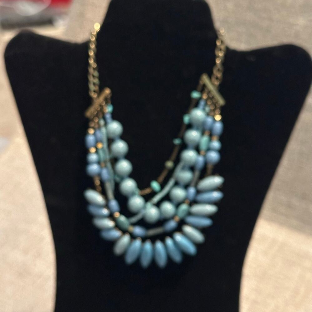 BaubleBar Blue Aqua Multi Strand Statement Necklace Gold Tone Bib Beaded